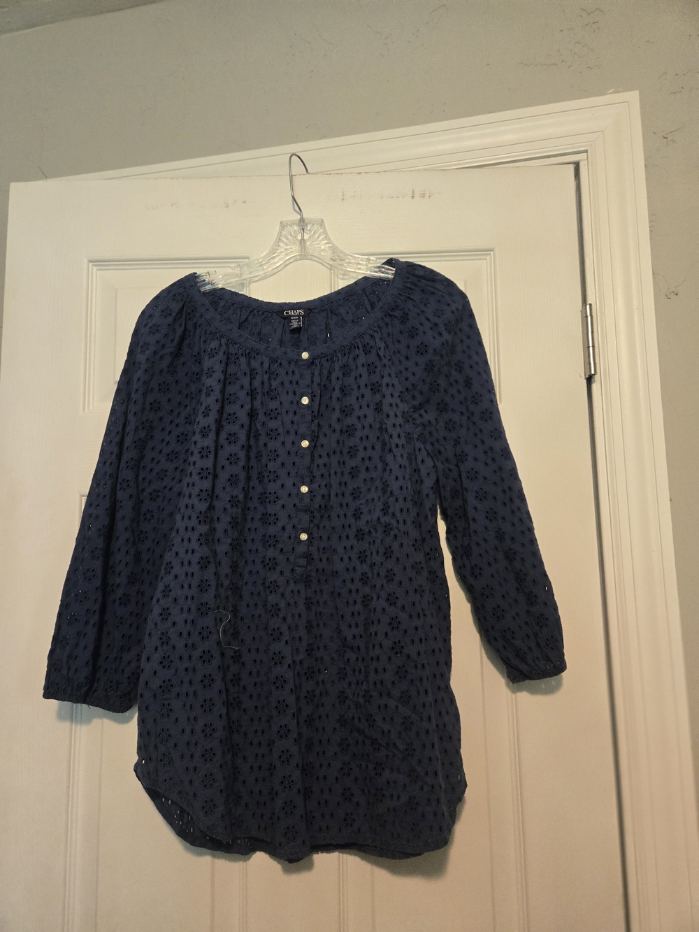 Chaps Navy Eyelet Button-Front Peasant Top